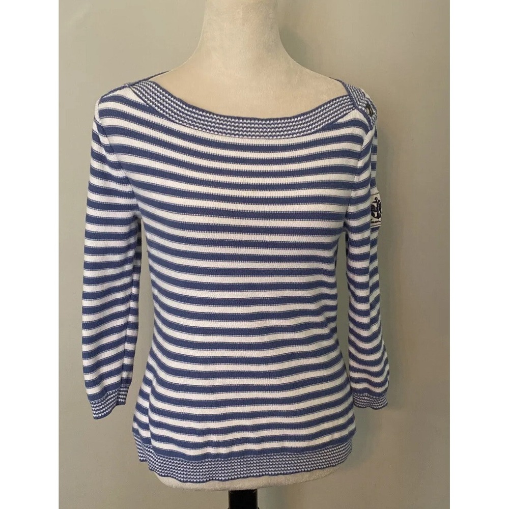 LRL Lauren Jeans Co. Blue and White striped cotton Sweater, Women's size Small